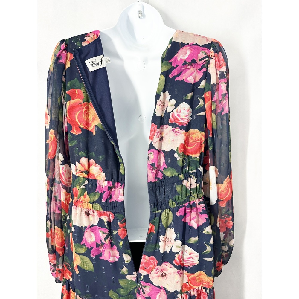 Eliza J Metallic Clip Dot Floral Navy Chiffon Fit Flare Maxi Dress Womens Size 8 - Picture 8 of 14